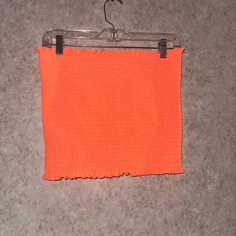 Zenana Neon Orange Smocked Tube Top Strapless Lettuce Trim XL CT-4660BA